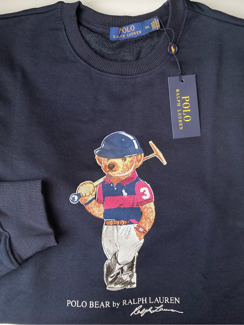 Polo Ralph Lauren Bear Sweatshirt XXL Slim Fit Cotton Navy Blue Crew Neck